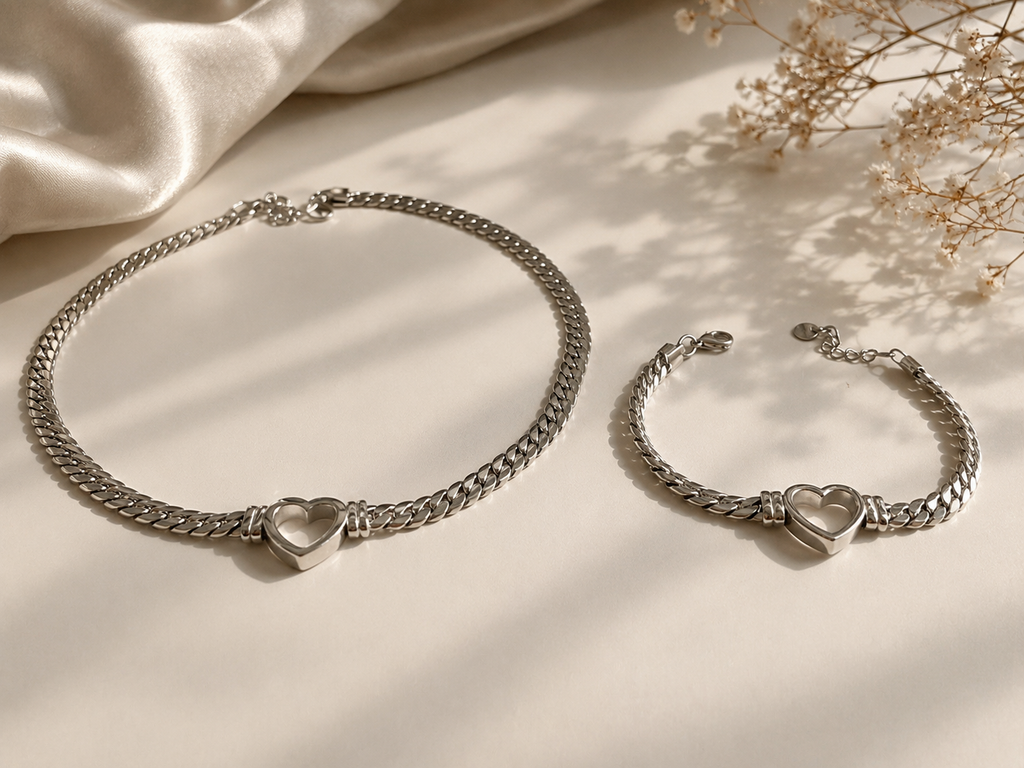 Heart Link Necklace & Bracelet Set