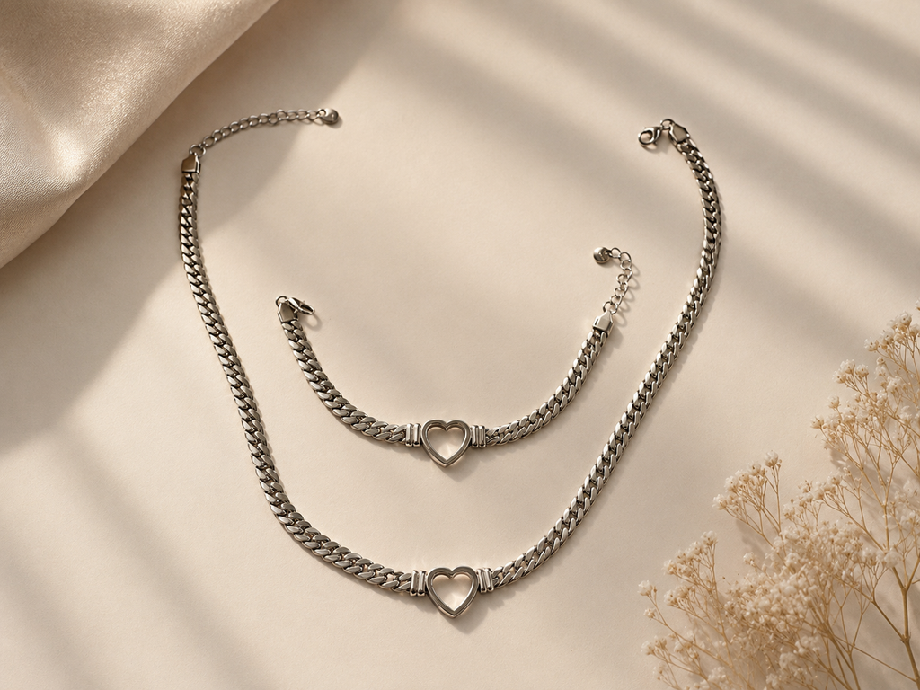 Heart Link Necklace & Bracelet Set